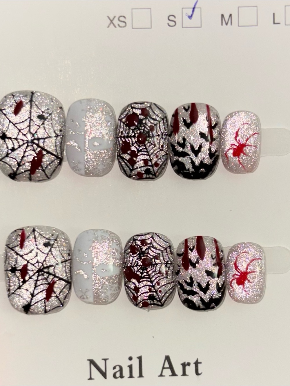 Halloween Spider Web Press-On Nail Set in Silver, Black & Red